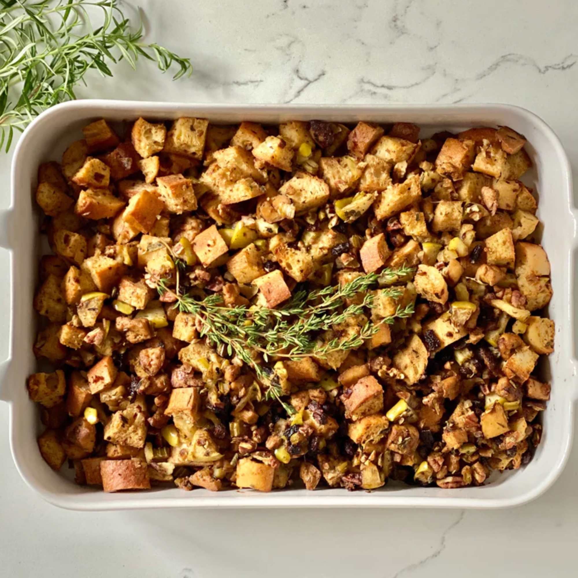 Baked Chickenless Vegan Stuffing with Poultry-Spiced Tofu, Apples, and Pecans