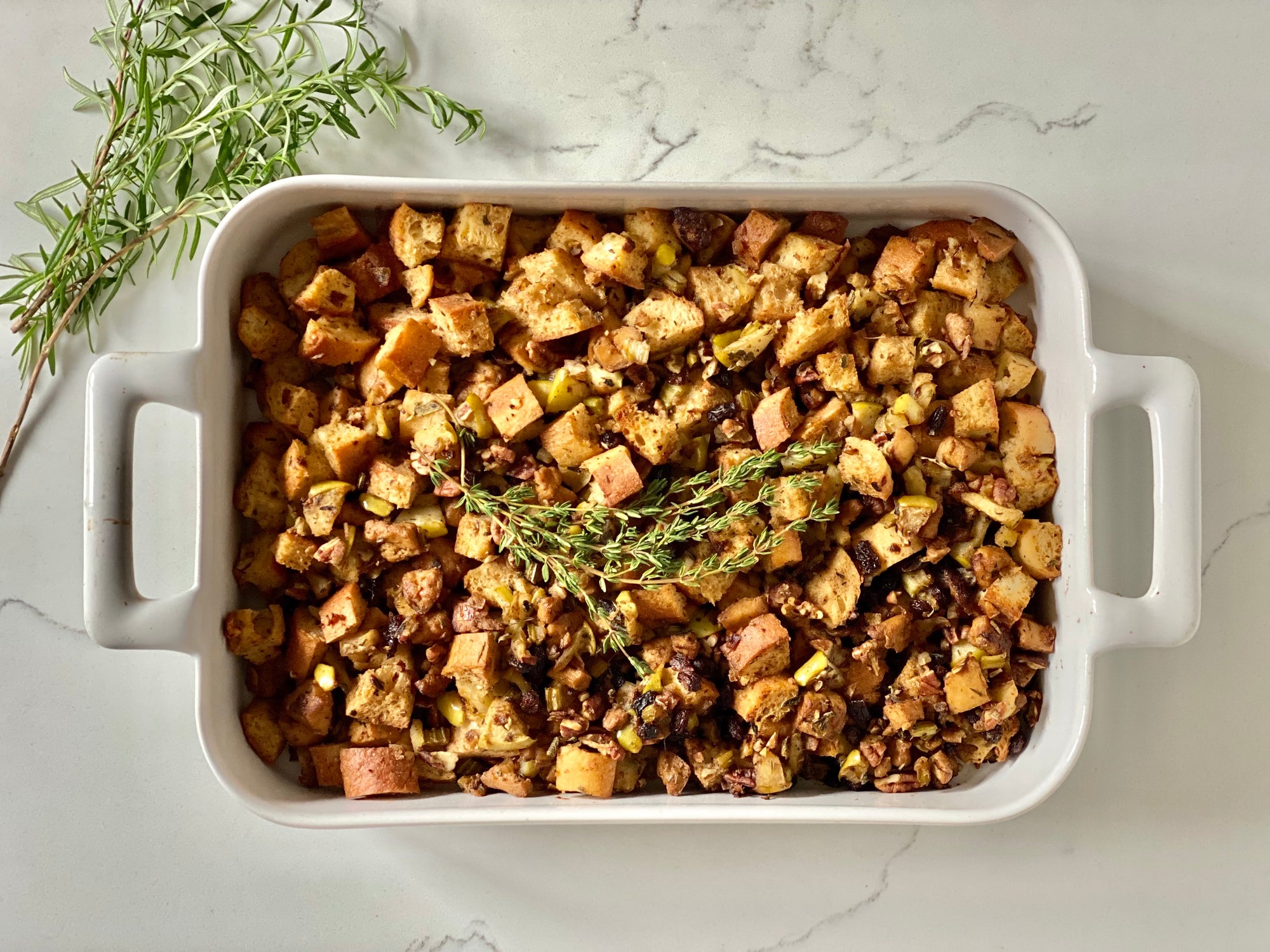 Baked Turkeyless Vegan Stuffing with Poultry-Spiced Tofu, Apples, and Pecans