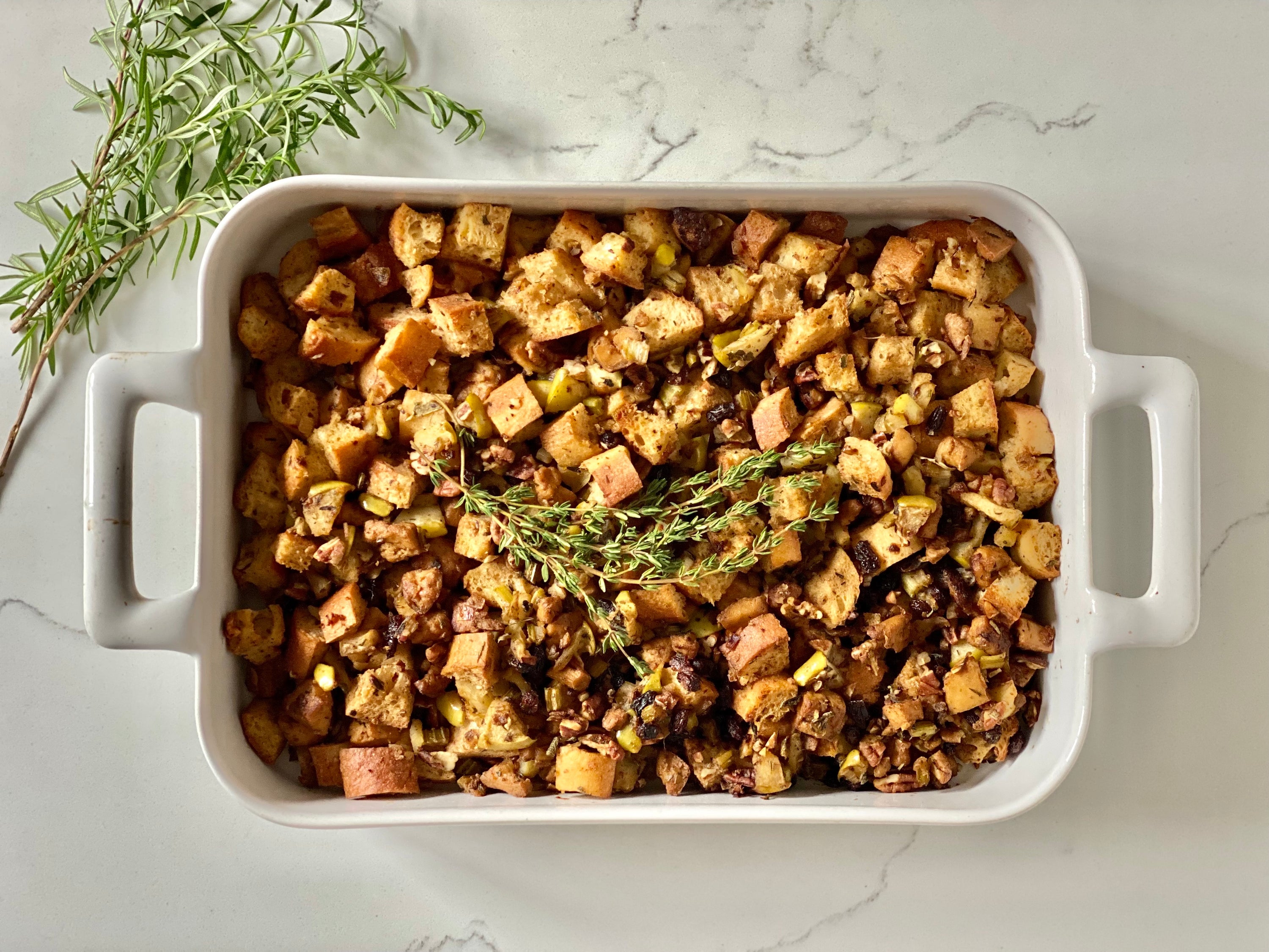 Baked Turkeyless Vegan Stuffing with Poultry-Spiced Tofu, Apples, and Pecans