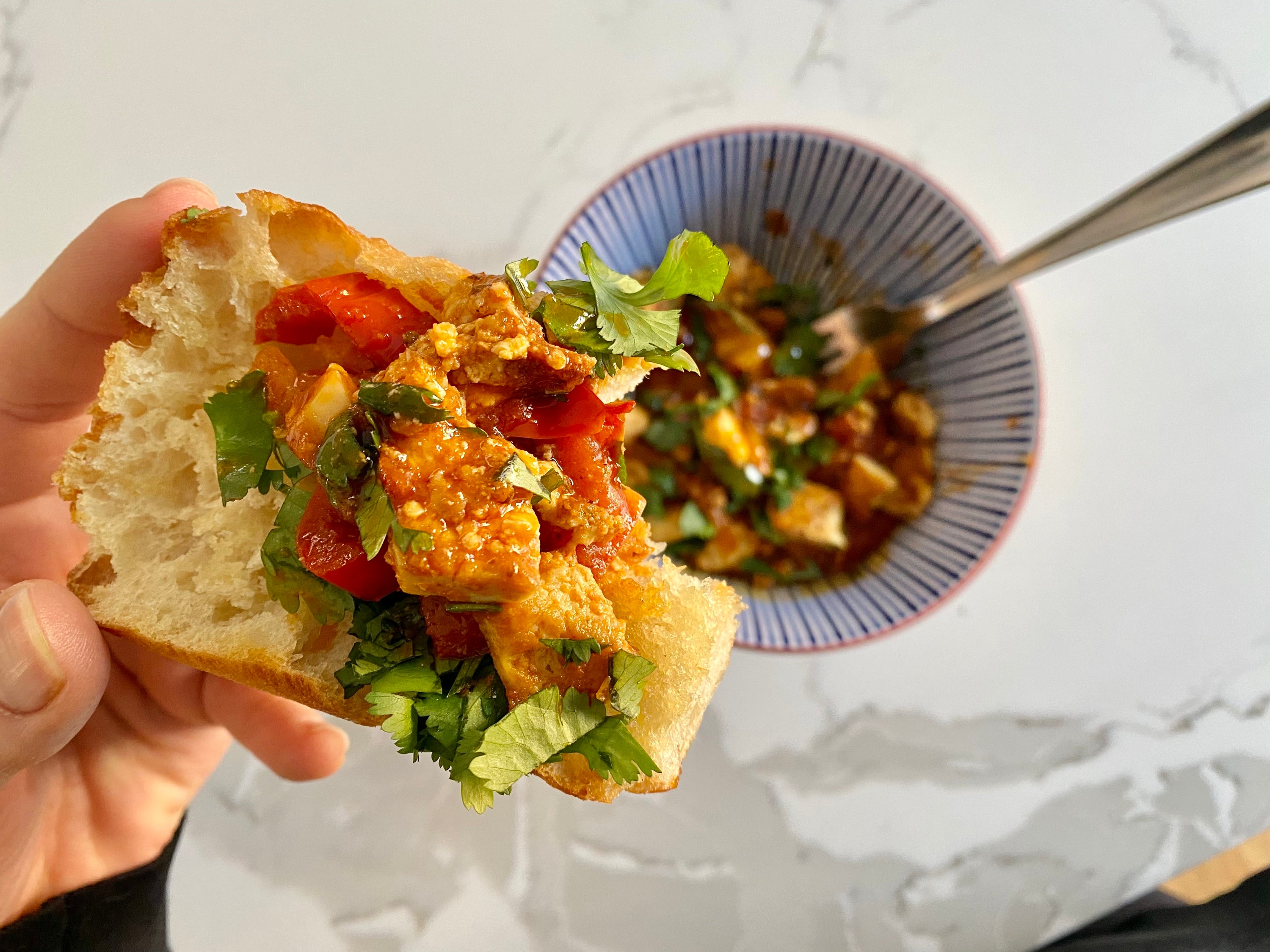 Plant-Based Shakshuka with Shish Taouk Tofu and Garlic Bread